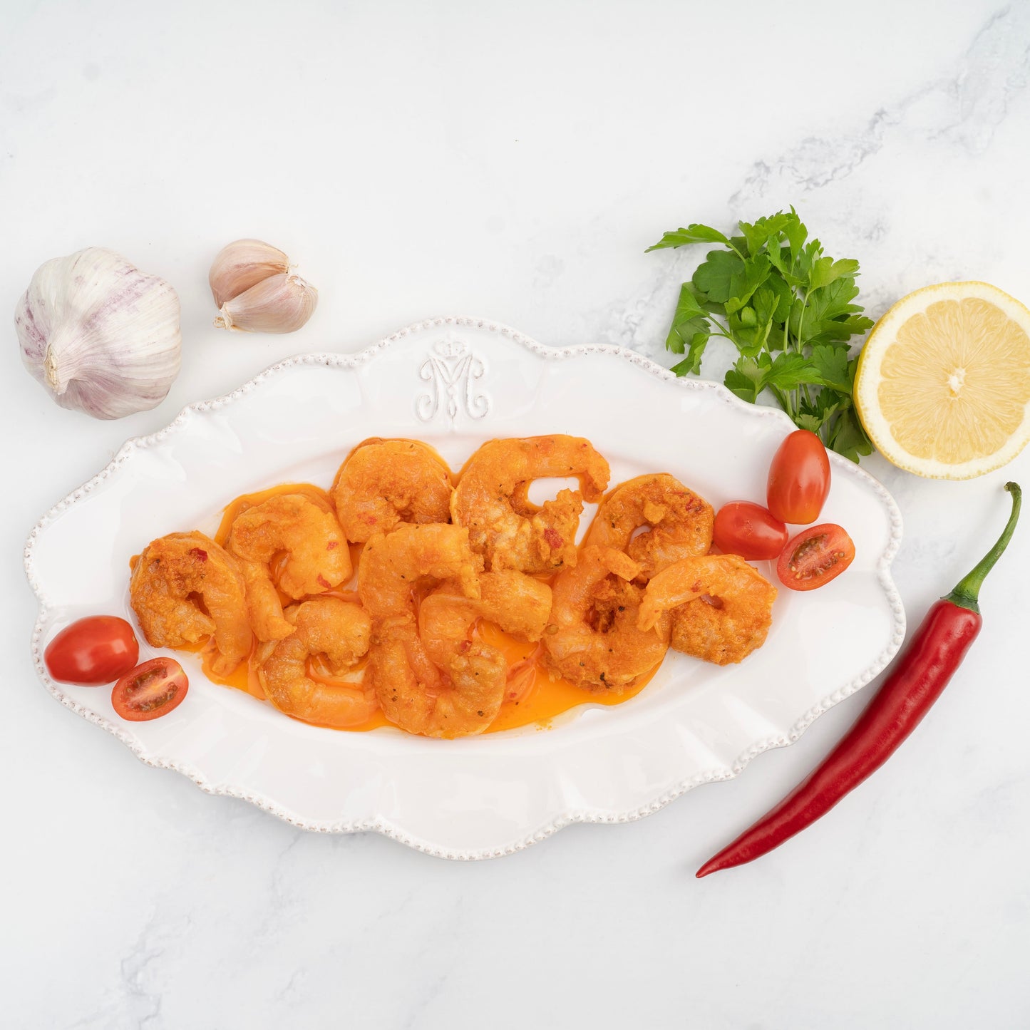 Vannameiräkor Pomodori tomat, Vitlök & Chili-marinerade